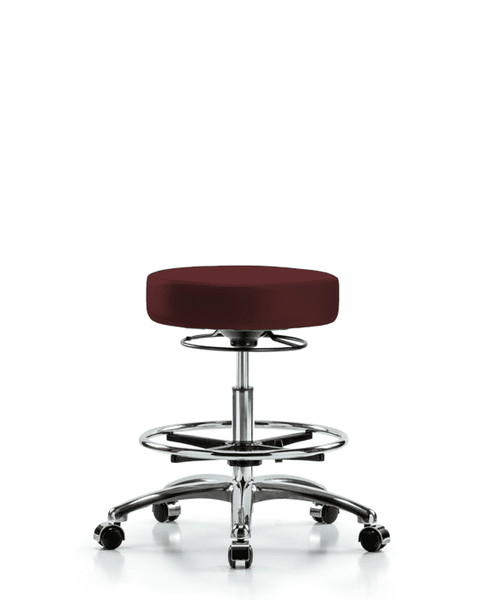 Vinyl Stool without Back Chrome - Medium Bench Height with Chrome Foot Ring & Casters in Burgundy Trailblazer Vinyl - VMBSO-CR-CF-CC-8569