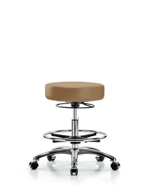 Vinyl Stool without Back Chrome - Medium Bench Height with Chrome Foot Ring & Casters in Taupe Trailblazer Vinyl - VMBSO-CR-CF-CC-8584