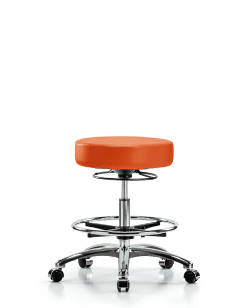 Vinyl Stool without Back Chrome - Medium Bench Height with Chrome Foot Ring & Casters in Orange Kist Trailblazer Vinyl - VMBSO-CR-CF-CC-8613