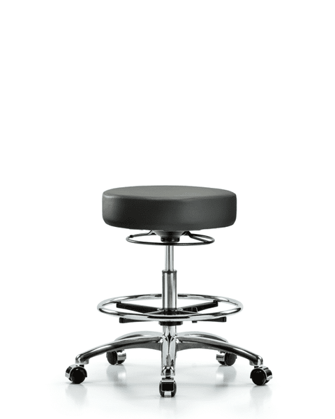 Vinyl Stool without Back Chrome - Medium Bench Height with Chrome Foot Ring & Casters in Carbon Supernova Vinyl - VMBSO-CR-CF-CC-8823