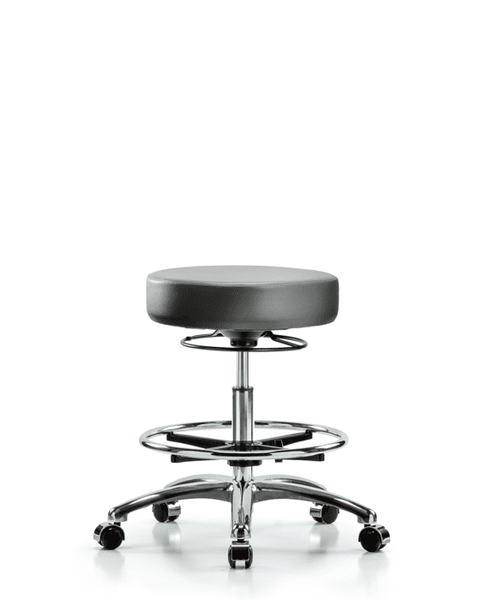 Vinyl Stool without Back Chrome - Medium Bench Height with Chrome Foot Ring & Casters in Sterling Supernova Vinyl - VMBSO-CR-CF-CC-8840