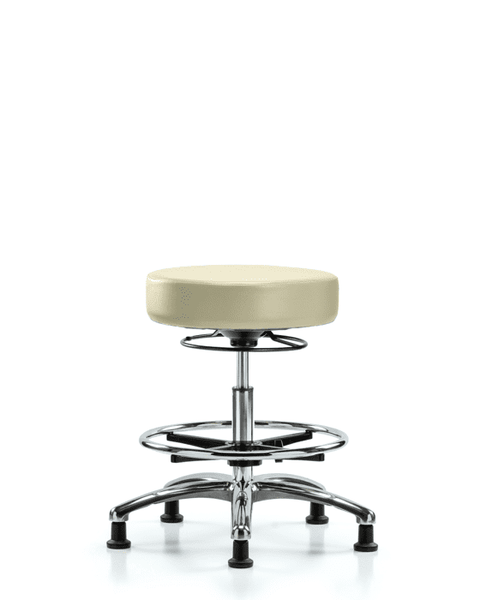 Vinyl Stool without Back Chrome - Medium Bench Height with Chrome Foot Ring & Stationary Glides in Adobe White Trailblazer Vinyl - VMBSO-CR-CF-RG-8501