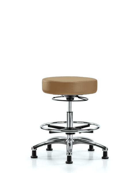 Vinyl Stool without Back Chrome - Medium Bench Height with Chrome Foot Ring & Stationary Glides in Taupe Trailblazer Vinyl - VMBSO-CR-CF-RG-8584