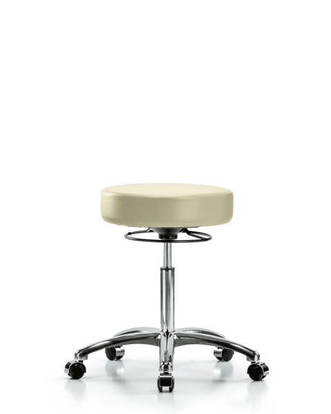 Vinyl Stool without Back Chrome - Medium Bench Height with Casters in Adobe White Trailblazer Vinyl - VMBSO-CR-NF-CC-8501