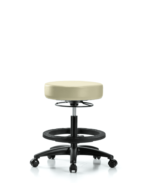 Vinyl Stool without Back - Medium Bench Height with Black Foot Ring & Casters in Adobe White Trailblazer Vinyl - VMBSO-RG-BF-RC-8501