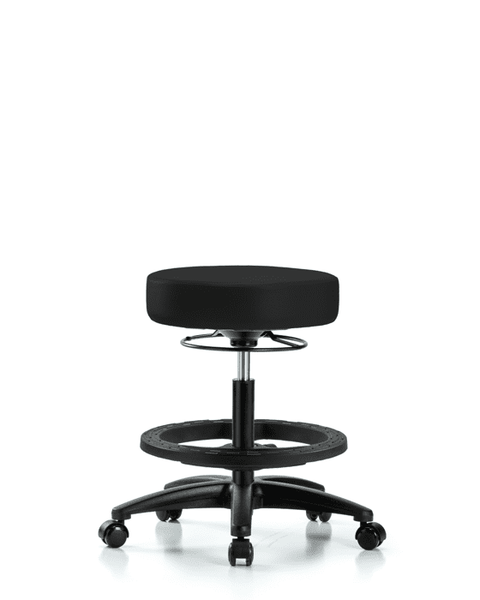 Vinyl Stool without Back - Medium Bench Height with Black Foot Ring & Casters in Black Trailblazer Vinyl - VMBSO-RG-BF-RC-8540