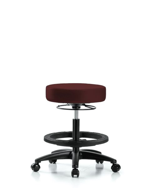 Vinyl Stool without Back - Medium Bench Height with Black Foot Ring & Casters in Burgundy Trailblazer Vinyl - VMBSO-RG-BF-RC-8569