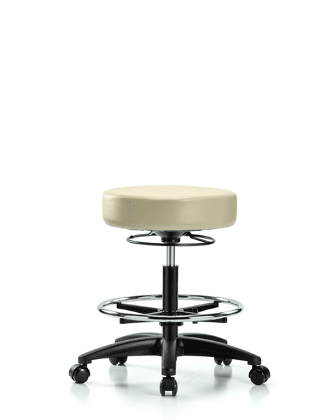Vinyl Stool without Back - Medium Bench Height with Chrome Foot Ring & Casters in Adobe White Trailblazer Vinyl - VMBSO-RG-CF-RC-8501