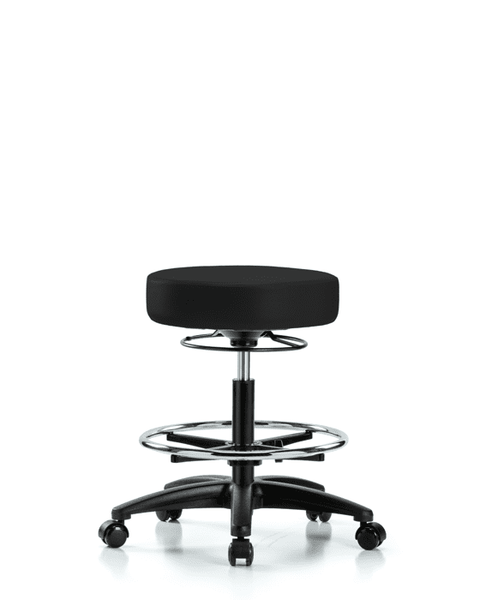 Vinyl Stool without Back - Medium Bench Height with Chrome Foot Ring & Casters in Black Trailblazer Vinyl - VMBSO-RG-CF-RC-8540