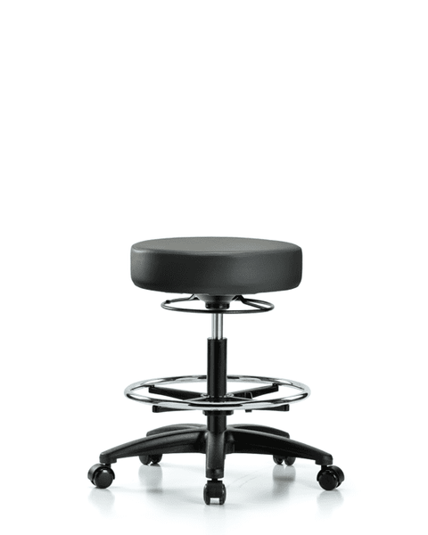 Vinyl Stool without Back - Medium Bench Height with Chrome Foot Ring & Casters in Carbon Supernova Vinyl - VMBSO-RG-CF-RC-8823
