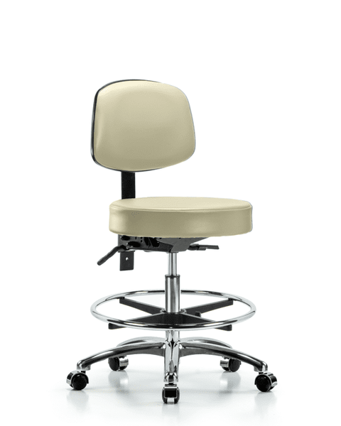 Vinyl Stool with Back Chrome - Medium Bench Height with Chrome Foot Ring & Casters in Adobe White Trailblazer Vinyl - VMBST-CR-T0-CF-CC-8501