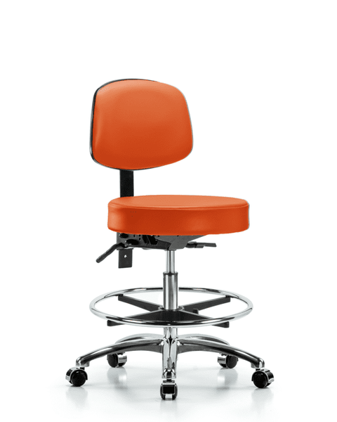 Vinyl Stool with Back Chrome - Medium Bench Height with Chrome Foot Ring & Casters in Orange Kist Trailblazer Vinyl - VMBST-CR-T0-CF-CC-8613