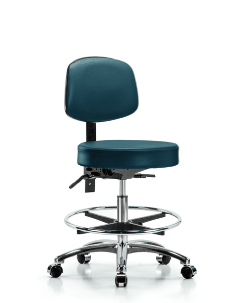 Vinyl Stool with Back Chrome - Medium Bench Height with Chrome Foot Ring & Casters in Marine Blue Supernova Vinyl - VMBST-CR-T0-CF-CC-8801