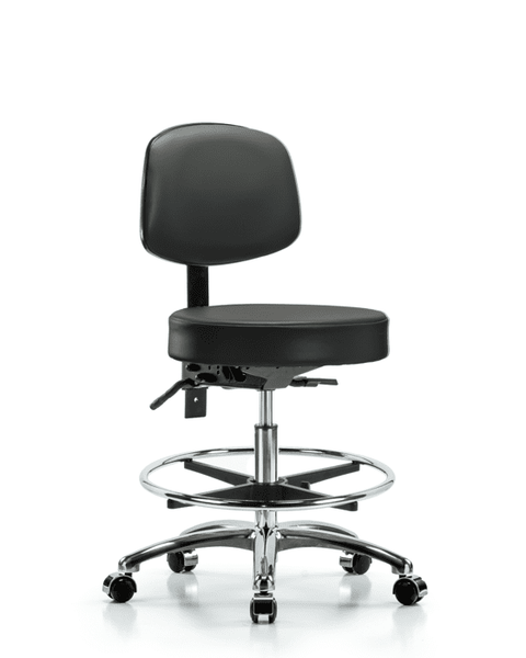 Vinyl Stool with Back Chrome - Medium Bench Height with Chrome Foot Ring & Casters in Carbon Supernova Vinyl - VMBST-CR-T0-CF-CC-8823