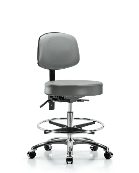Vinyl Stool with Back Chrome - Medium Bench Height with Chrome Foot Ring & Casters in Sterling Supernova Vinyl - VMBST-CR-T0-CF-CC-8840