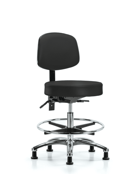 Vinyl Stool with Back Chrome - Medium Bench Height with Chrome Foot Ring & Stationary Glides in Black Trailblazer Vinyl - VMBST-CR-T0-CF-RG-8540