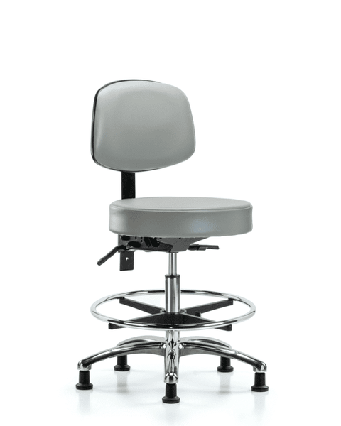 Vinyl Stool with Back Chrome - Medium Bench Height with Chrome Foot Ring & Stationary Glides in Dove Trailblazer Vinyl - VMBST-CR-T0-CF-RG-8567
