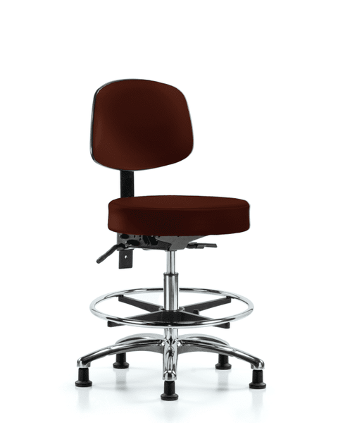 Vinyl Stool with Back Chrome - Medium Bench Height with Chrome Foot Ring & Stationary Glides in Burgundy Trailblazer Vinyl - VMBST-CR-T0-CF-RG-8569