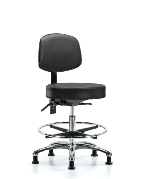 Vinyl Stool with Back Chrome - Medium Bench Height with Chrome Foot Ring & Stationary Glides in Carbon Supernova Vinyl - VMBST-CR-T0-CF-RG-8823