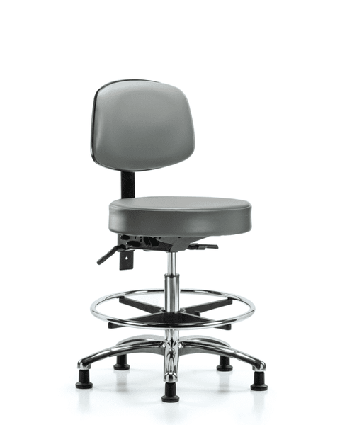 Vinyl Stool with Back Chrome - Medium Bench Height with Chrome Foot Ring & Stationary Glides in Sterling Supernova Vinyl - VMBST-CR-T0-CF-RG-8840