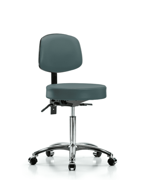 Vinyl Stool with Back Chrome - Medium Bench Height with Casters in Colonial Blue Trailblazer Vinyl - VMBST-CR-T0-NF-CC-8546