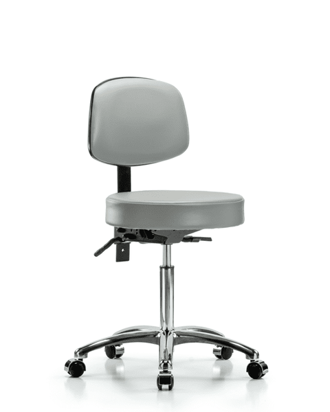 Vinyl Stool with Back Chrome - Medium Bench Height with Casters in Dove Trailblazer Vinyl - VMBST-CR-T0-NF-CC-8567
