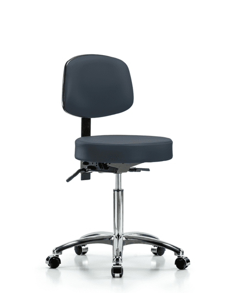 Vinyl Stool with Back Chrome - Medium Bench Height with Casters in Imperial Blue Trailblazer Vinyl - VMBST-CR-T0-NF-CC-8582