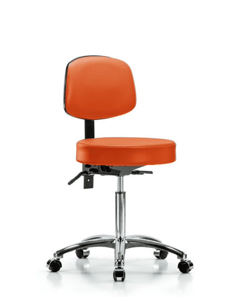 Vinyl Stool with Back Chrome - Medium Bench Height with Casters in Orange Kist Trailblazer Vinyl - VMBST-CR-T0-NF-CC-8613