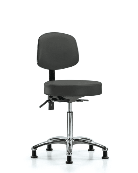 Vinyl Stool with Back Chrome - Medium Bench Height with Stationary Glides in Charcoal Trailblazer Vinyl - VMBST-CR-T0-NF-RG-8605