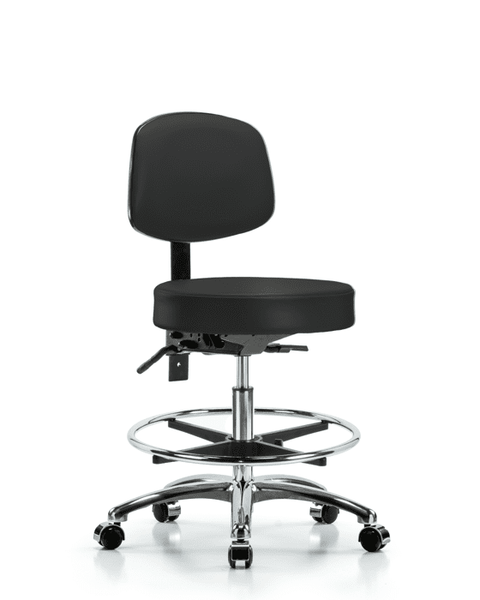 Vinyl Stool with Back Chrome - Medium Bench Height with Seat Tilt, Chrome Foot Ring, & Casters in Black Trailblazer Vinyl - VMBST-CR-T1-CF-CC-8540