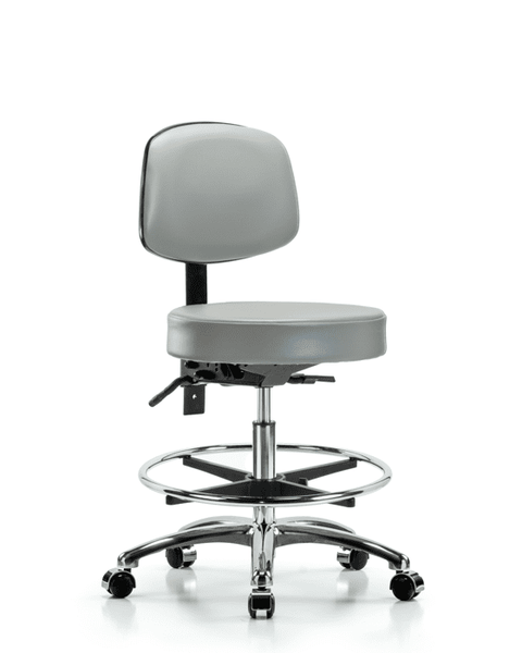 Vinyl Stool with Back Chrome - Medium Bench Height with Seat Tilt, Chrome Foot Ring, & Casters in Dove Trailblazer Vinyl - VMBST-CR-T1-CF-CC-8567