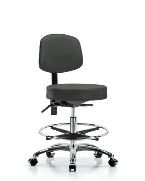 Vinyl Stool with Back Chrome - Medium Bench Height with Seat Tilt, Chrome Foot Ring, & Casters in Charcoal Trailblazer Vinyl - VMBST-CR-T1-CF-CC-8605