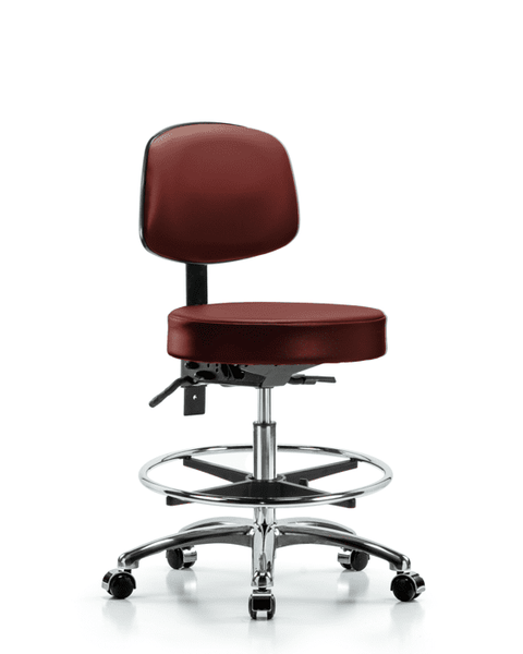 Vinyl Stool with Back Chrome - Medium Bench Height with Seat Tilt, Chrome Foot Ring, & Casters in Taupe Supernova Vinyl - VMBST-CR-T1-CF-CC-8815