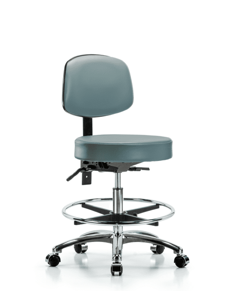 Vinyl Stool with Back Chrome - Medium Bench Height with Seat Tilt, Chrome Foot Ring, & Casters in Storm Supernova Vinyl - VMBST-CR-T1-CF-CC-8822