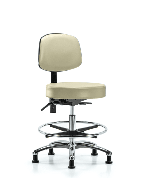 Vinyl Stool with Back Chrome - Medium Bench Height with Seat Tilt, Chrome Foot Ring, & Stationary Glides in Adobe White Trailblazer Vinyl - VMBST-CR-T1-CF-RG-8501