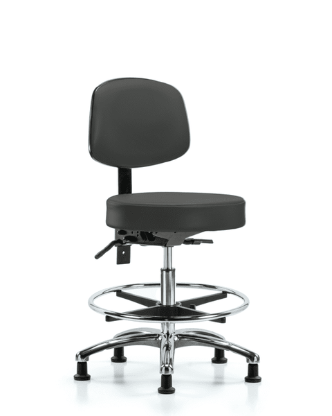 Vinyl Stool with Back Chrome - Medium Bench Height with Seat Tilt, Chrome Foot Ring, & Stationary Glides in Charcoal Trailblazer Vinyl - VMBST-CR-T1-CF-RG-8605