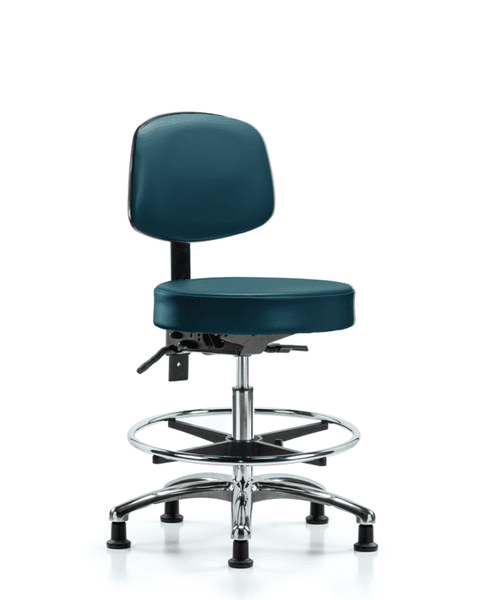 Vinyl Stool with Back Chrome - Medium Bench Height with Seat Tilt, Chrome Foot Ring, & Stationary Glides in Marine Blue Supernova Vinyl - VMBST-CR-T1-CF-RG-8801