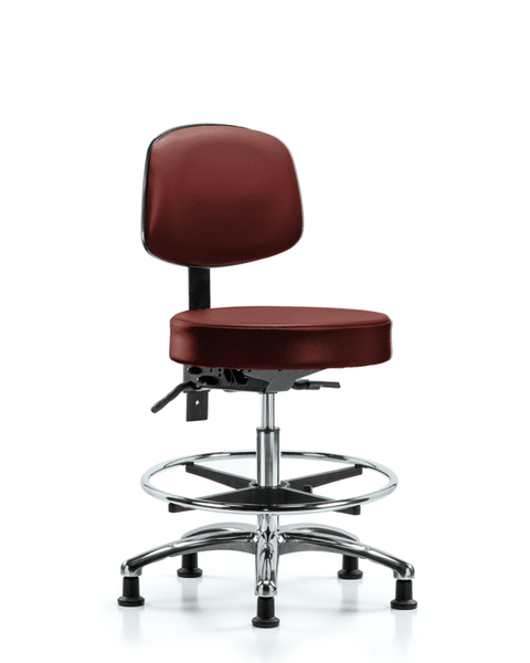 Vinyl Stool with Back Chrome - Medium Bench Height with Seat Tilt, Chrome Foot Ring, & Stationary Glides in Taupe Supernova Vinyl - VMBST-CR-T1-CF-RG-8815