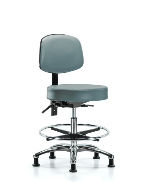 Vinyl Stool with Back Chrome - Medium Bench Height with Seat Tilt, Chrome Foot Ring, & Stationary Glides in Storm Supernova Vinyl - VMBST-CR-T1-CF-RG-8822