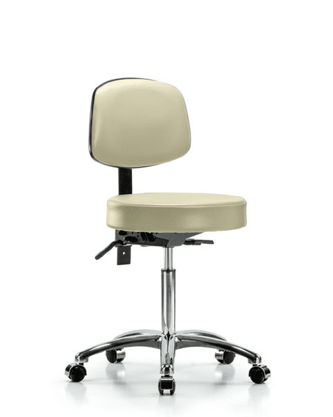 Vinyl Stool with Back Chrome - Medium Bench Height with Seat Tilt & Casters in Adobe White Trailblazer Vinyl - VMBST-CR-T1-NF-CC-8501