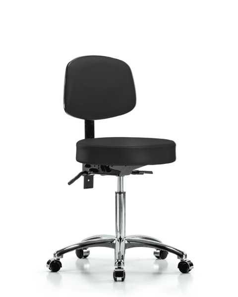 Vinyl Stool with Back Chrome - Medium Bench Height with Seat Tilt & Casters in Black Trailblazer Vinyl - VMBST-CR-T1-NF-CC-8540