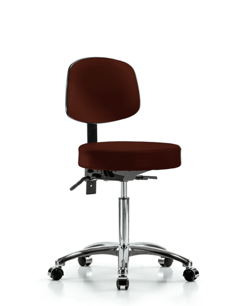 Vinyl Stool with Back Chrome - Medium Bench Height with Seat Tilt & Casters in Burgundy Trailblazer Vinyl - VMBST-CR-T1-NF-CC-8569