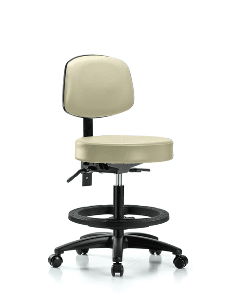 Vinyl Stool with Back - Medium Bench Height with Black Foot Ring & Casters in Adobe White Trailblazer Vinyl - VMBST-RG-T0-BF-RC-8501