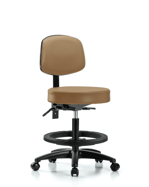 Vinyl Stool with Back - Medium Bench Height with Black Foot Ring & Casters in Taupe Trailblazer Vinyl - VMBST-RG-T0-BF-RC-8584