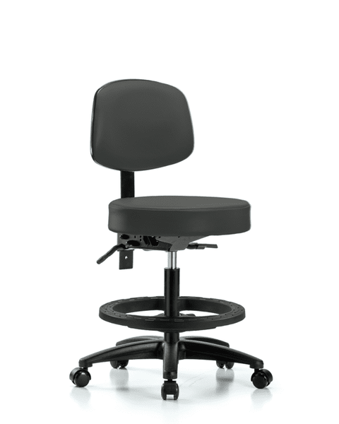 Vinyl Stool with Back - Medium Bench Height with Black Foot Ring & Casters in Charcoal Trailblazer Vinyl - VMBST-RG-T0-BF-RC-8605