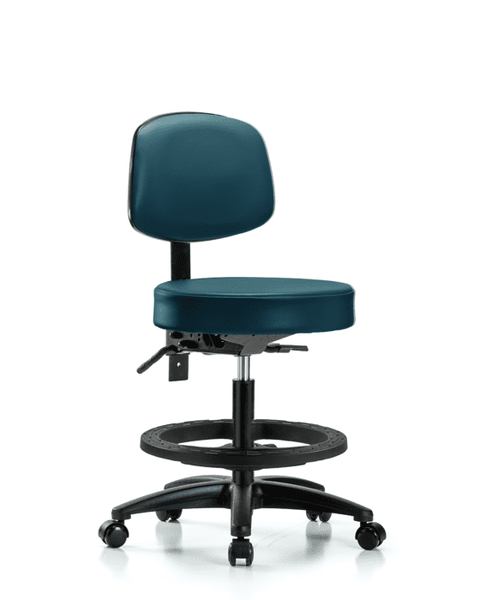 Vinyl Stool with Back - Medium Bench Height with Black Foot Ring & Casters in Marine Blue Supernova Vinyl - VMBST-RG-T0-BF-RC-8801