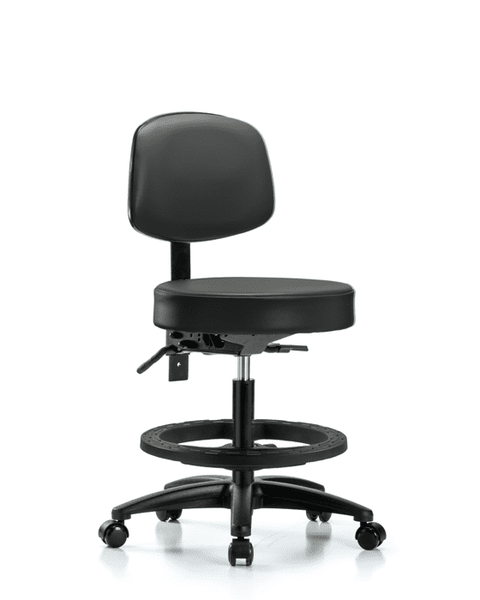 Vinyl Stool with Back - Medium Bench Height with Black Foot Ring & Casters in Carbon Supernova Vinyl - VMBST-RG-T0-BF-RC-8823
