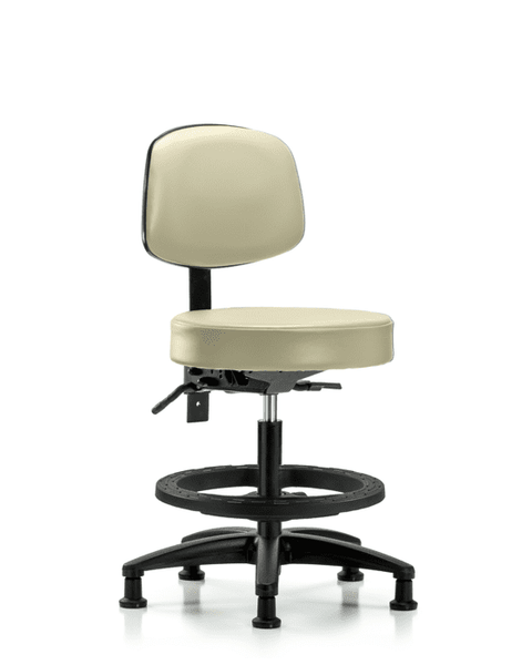 Vinyl Stool with Back - Medium Bench Height with Black Foot Ring & Stationary Glides in Adobe White Trailblazer Vinyl - VMBST-RG-T0-BF-RG-8501
