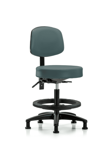 Vinyl Stool with Back - Medium Bench Height with Black Foot Ring & Stationary Glides in Colonial Blue Trailblazer Vinyl - VMBST-RG-T0-BF-RG-8546