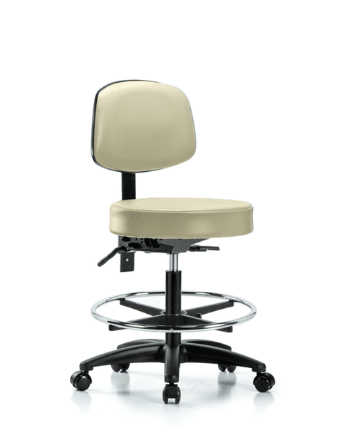 Vinyl Stool with Back - Medium Bench Height with Chrome Foot Ring & Casters in Adobe White Trailblazer Vinyl - VMBST-RG-T0-CF-RC-8501
